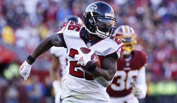 Nov 4, 2018; Landover, MD, USA; Atlanta Falcons running back Tevin Coleman (26) carriers the ball against the Washington Redskins in the fourth quarter at FedEx Field. Photo Credit: Geoff Burke-USA TODAY Sports