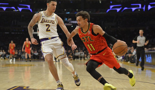 Nov 11, 2018; Los Angeles, CA, USA; Atlanta Hawks guard Trae Young (11) is guarded by Los Angeles Lakers guard Lonzo Ball (2) during the first half at Staples Center. Photo Credit: Jake Roth-USA TODAY Sports