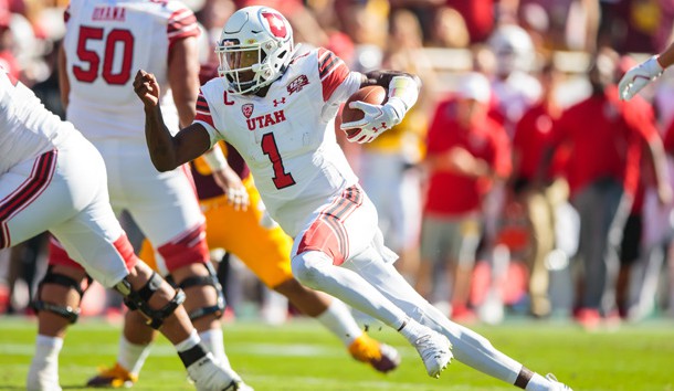 Nov 3, 2018; Tempe, AZ, USA; Utah Utes quarterback Tyler Huntley (1) runs the ball in the first quarter against the Arizona State Sun Devils at Sun Devil Stadium. Photo Credit: Mark J. Rebilas-USA TODAY Sports