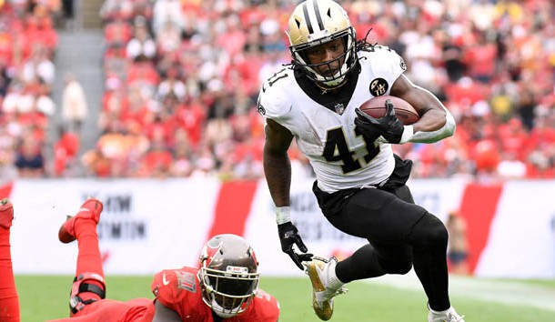 Dec 9, 2018; Tampa, FL, USA; New Orleans Saints running back Alvin Kamara (41) runs the ball in the second half against the Tampa Bay Buccaneers at Raymond James Stadium. Photo Credit: Jonathan Dyer-USA TODAY Sports