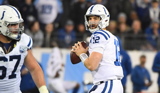 Dec 30, 2018; Nashville, TN, USA; Indianapolis Colts quarterback Andrew Luck (12) drops back to pass during the first half against the Tennessee Titans at Nissan Stadium. Photo Credit: Christopher Hanewinckel-USA TODAY Sports