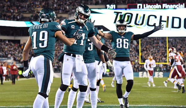 Dec 3, 2018; Philadelphia, PA, USA; Philadelphia Eagles wide receiver Golden Tate (19) celebrates his 6-yard touchdown  catch with quarterback Carson Wentz (11) against the Washington Redskins during the first quarter at Lincoln Financial Field. Photo Credit: Eric Hartline-USA TODAY Sports