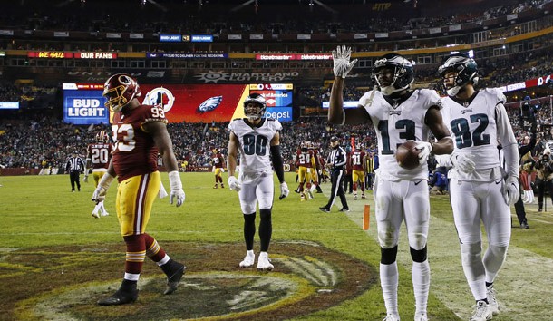 Dec 30, 2018; Landover, MD, USA; Philadelphia Eagles wide receiver Nelson Agholor (13) celebrates in the end zone after scoring a touchdown against the Washington Redskins in the fourth quarter at FedEx Field. The Eagles won 24-0. Photo Credit: Geoff Burke-USA TODAY Sports