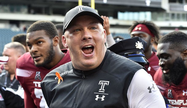 Oct 20, 2018; Philadelphia, PA, USA; Temple Owls head coach Geoff Collins celebrates after a victory in overtime against the Cincinnati Bearcats at Lincoln Financial Field. Photo Credit: Derik Hamilton-USA TODAY Sports