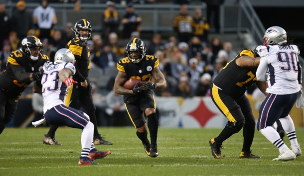 Dec 16, 2018; Pittsburgh, PA, USA;  Pittsburgh Steelers running back Jaylen Samuels (38) rushes the ball against the New England Patriots during the first quarter at Heinz Field. Photo Credit: Charles LeClaire-USA TODAY Sports