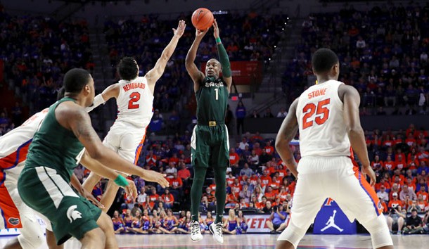 Dec 8, 2018; Gainesville, FL, USA; Michigan State Spartans guard Joshua Langford (1) shoots over Florida Gators guard Andrew Nembhard (2) during the second half at Exactech Arena. Photo Credit: Kim Klement-USA TODAY Sports