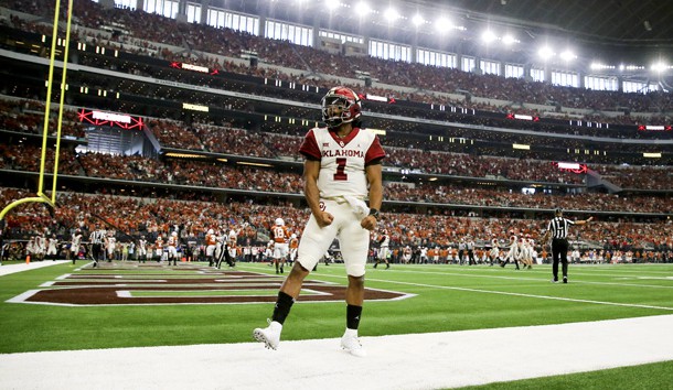 Dec 1, 2018; Arlington, TX, USA; Oklahoma Sooners quarterback Kyler Murray (1) celebrates after throwing a touchdown pass during the first half against the Texas Longhorns in the Big 12 Championship game at AT&T Stadium. Photo Credit: Kevin Jairaj-USA TODAY Sports