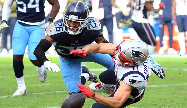 Nov 11, 2018; Nashville, TN, USA; Tennessee Titans cornerback Logan Ryan (26) breaks up a pass intended for New England Patriots wide receiver Julian Edelman (11) on fourth down during the second half at Nissan Stadium. Photo Credit: Christopher Hanewinckel-USA TODAY Sports