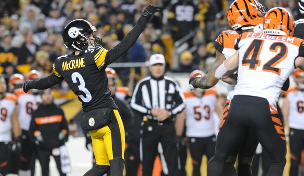 Dec 30, 2018; Pittsburgh, PA, USA; Pittsburgh Steelers kicker Matt McCrane (3) kicks the game winning field goal against the Cincinnati Bengals at Heinz Field. Photo Credit: Philip G. Pavely-USA TODAY Sports