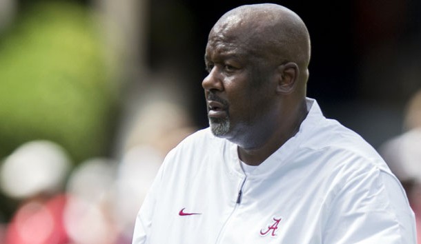 Aug 4, 2018; Tuscaloosa, AL, USA; Alabama Crimson Tide offensive coordinator Mike Locksley coaches as the Alabama Crimson Tide football team holds practice at Bryant-Denny Stadium. Photo credit: Mickey Welsh/Advertiser via USA TODAY NETWORK