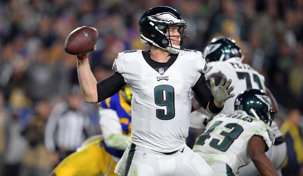 Dec 16, 2018; Los Angeles, CA, USA; Philadelphia Eagles quarterback Nick Foles (9) throws a pass in the third quarter against the Los Angeles Rams  at Los Angeles Memorial Coliseum. Photo Credit: Kirby Lee-USA TODAY Sports
