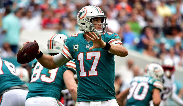Dec 9, 2018; Miami Gardens, FL, USA; Miami Dolphins quarterback Ryan Tannehill (17) throws a pass against the New England Patriots during the second half at Hard Rock Stadium. Photo Credit: Steve Mitchell-USA TODAY Sports