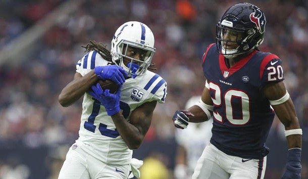 Dec 9, 2018; Houston, TX, USA; Indianapolis Colts wide receiver T.Y. Hilton (13) makes a reception as Houston Texans strong safety Justin Reid (20) defends during the second quarter at NRG Stadium.  Photo Credit: Troy Taormina-USA TODAY Sports