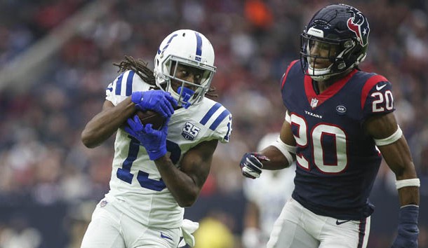 Dec 9, 2018; Houston, TX, USA; Indianapolis Colts wide receiver T.Y. Hilton (13) makes a reception as Houston Texans strong safety Justin Reid (20) defends during the second quarter at NRG Stadium. Photo Credit: Troy Taormina-USA TODAY Sports