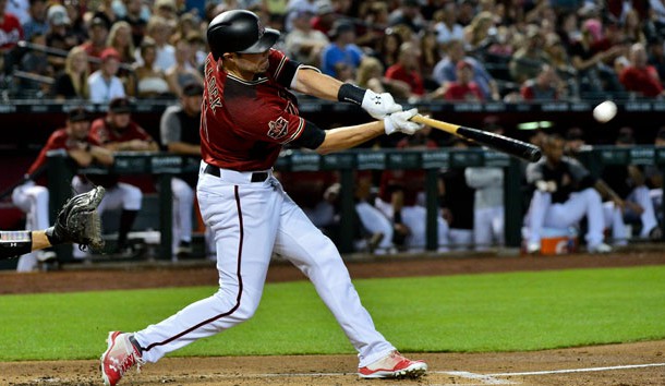 Jul 22, 2018; Phoenix, AZ, USA; Arizona Diamondbacks center fielder A.J. Pollock (11) doubles in the first inning against the Colorado Rockies at Chase Field. Photo Credit: Matt Kartozian-USA TODAY Sports