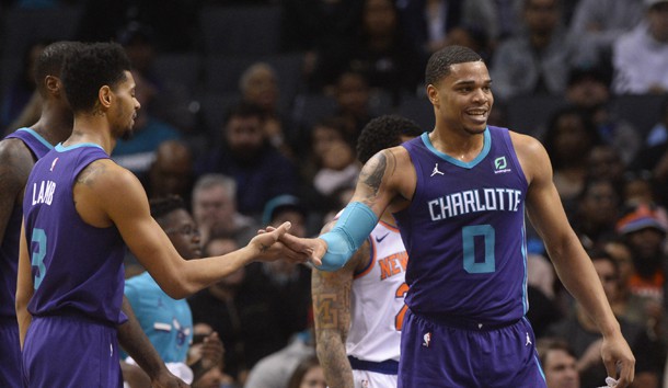 Jan 28, 2019; Charlotte, NC, USA; Charlotte Hornets forward Miles Bridges (0) reacts with guard forward Jeremy Lamb (3) during the second half against the New York Knicks at the Spectrum Center. The Hornets won 101-92. Photo Credit: Sam Sharpe-USA TODAY Sports
