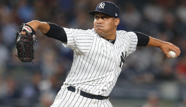 Justus Sheffield (61) pitches against the Boston Red Sox during the ninth inning at Yankee Stadium. The appearance was Sheffield's major league debut. Photo Credit: Brad Penner-USA TODAY Sports