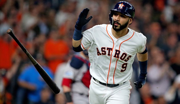 Oct 16, 2018; Houston, TX, USA; Houston Astros left fielder Marwin Gonzalez (9) flips his bat after singling in a run in the first inning against the Boston Red Sox in game three of the 2018 ALCS playoff baseball series at Minute Maid Park. Photo Credit: Troy Taormina-USA TODAY Sports