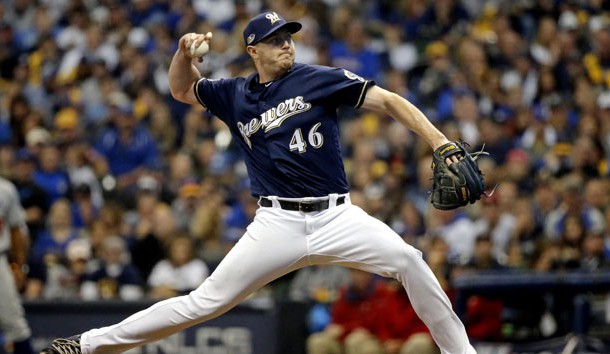 Oct 13, 2018; Milwaukee, WI, USA; Milwaukee Brewers relief pitcher Corey Knebel (46) pitches during the eighth inning against the Los Angeles Dodgers in game two of the 2018 NLCS playoff baseball series at Miller Park. Photo Credit: Jon Durr-USA TODAY Sports