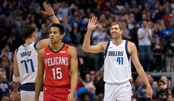 Mar 18, 2019; Dallas, TX, USA; Dallas Mavericks forward Luka Doncic (77) and forward Dirk Nowitzki (41) celebrate Nowitzki becoming the sixth all-time leading scorer in NBA history during the first quarter against the New Orleans Pelicans at the American Airlines Center. Photo Credit: Jerome Miron-USA TODAY Sports