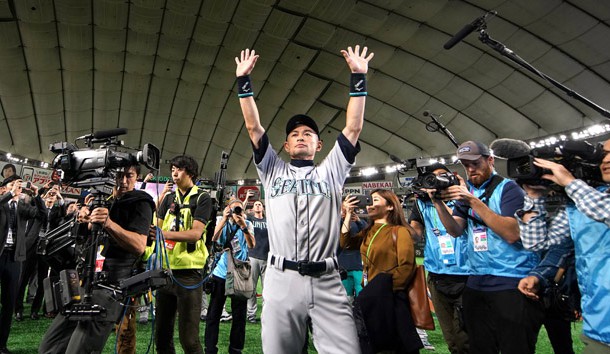 Mar 21, 2019; Tokyo,JPN; Seattle Mariners right fielder Ichiro Suzuki (51) waves to fans after the game against the Oakland Athletics at Tokyo Dome. Photo Credit: Darren Yamashita-USA TODAY Sports