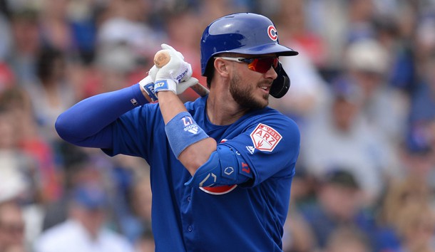 Mar 7, 2019; Mesa, AZ, USA; Chicago Cubs third baseman Kris Bryant (17) bats against the Colorado Rockies during the first inning at Sloan Park. Photo Credit: Joe Camporeale-USA TODAY Sports