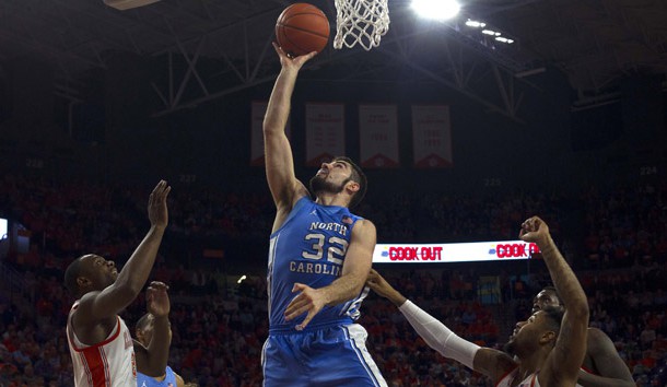 Mar 2, 2019; Clemson, SC, USA; North Carolina Tar Heels forward Luke Maye (32) goes in for the layup during the first half against the Clemson Tigers at Littlejohn Coliseum. Tar Heels won 81-79. Photo Credit: Joshua S. Kelly-USA TODAY Sports