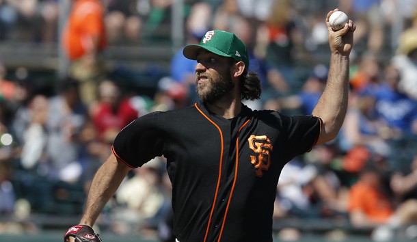 Mar 17, 2019; Scottsdale, AZ, USA; San Francisco Giants starting pitcher Madison Bumgarner (40) throws against the Kansas City Royals in the first inning during a spring training game at Scottsdale Stadium. Photo Credit: Rick Scuteri-USA TODAY Sports