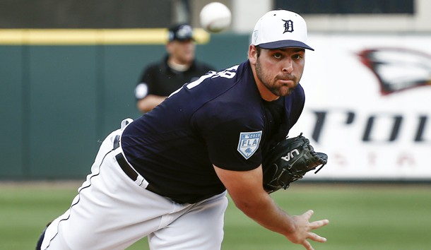 Feb 27, 2019; Lakeland, FL, USA; Detroit Tigers starting pitcher Michael Fulmer (32) throws a warmup pitch before the first inning against the New York Yankees at Publix Field at Joker Marchant Stadium. Photo Credit: Reinhold Matay-USA TODAY Sports