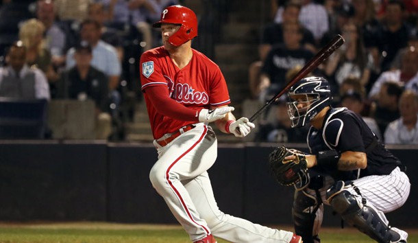 Mar 13, 2019; Tampa, FL, USA; Philadelphia Phillies first baseman Rhys Hoskins (17) singles during the fifth inning against the New York Yankees at George M. Steinbrenner Field. Photo Credit: Kim Klement-USA TODAY Sports