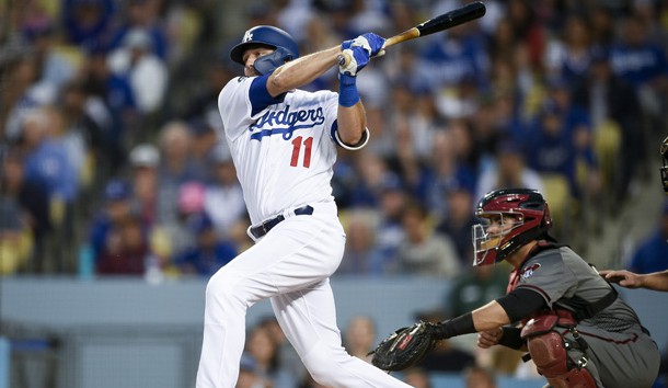 Mar 30, 2019; Los Angeles, CA, USA; Los Angeles Dodgers center fielder A.J. Pollock (11) follows through on a swing for an RBI single during the third inning against the Arizona Diamondbacks at Dodger Stadium. Photo Credit: Kelvin Kuo-USA TODAY Sports