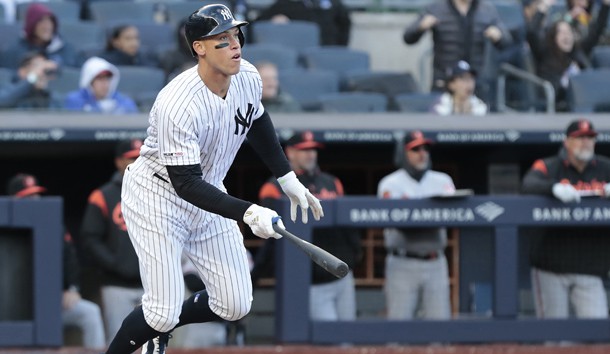 Mar 31, 2019; Bronx, NY, USA; New York Yankees right fielder Aaron Judge (99) hits a two RBI single against the Baltimore Orioles during the fourth inning at Yankee Stadium. Photo Credit: Vincent Carchietta-USA TODAY Sports