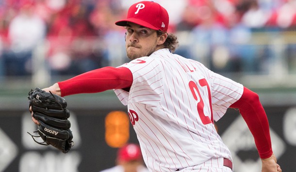 Mar 28, 2019; Philadelphia, PA, USA; Philadelphia Phillies starting pitcher Aaron Nola (27) throws a pitch during the sixth inning against the Atlanta Braves at Citizens Bank Park. Photo Credit: Bill Streicher-USA TODAY Sports