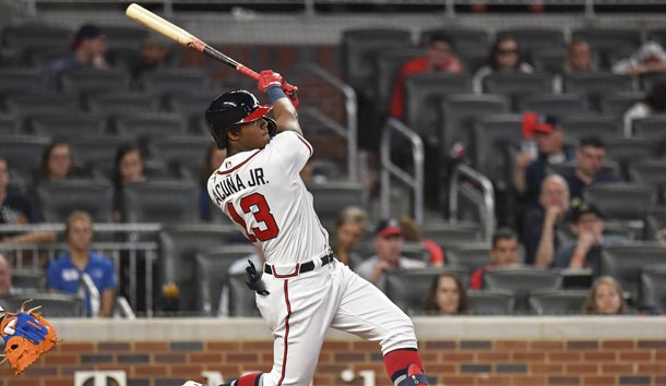 Apr 11, 2019; Atlanta, GA, USA; Atlanta Braves center fielder Ronald Acuna Jr. (13) hits a home run against the New York Mets during the eighth inning at SunTrust Park. Photo Credit: Dale Zanine-USA TODAY Sports