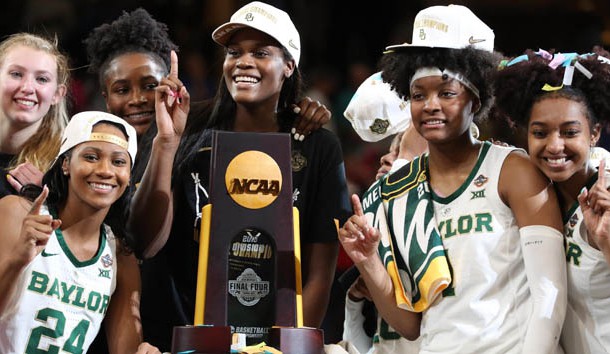 Apr 7, 2019; Tampa, FL, USA; Baylor Lady Bears guard Chloe Jackson (24), forward Lauren Cox (15), center Kalani Brown (21), guard DiDi Richards (2) and teammates celebrate after defeating Notre Dame Fighting Irish to win the championship game of the women's Final Four of the 2019 NCAA Tournament at Amalie Arena. Photo Credit: Kim Klement-USA TODAY Sports