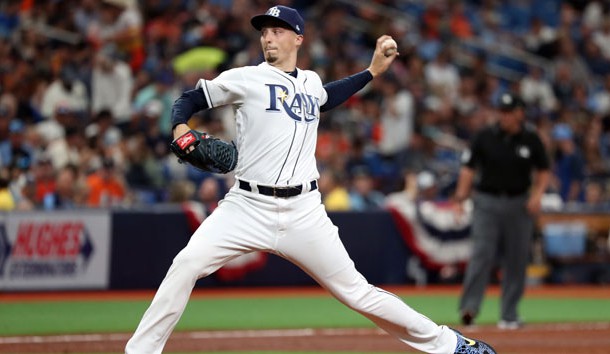 Mar 28, 2019; St. Petersburg, FL, USA; Tampa Bay Rays starting pitcher Blake Snell (4) throws a pitch during the fifth inning against the Houston Astros at Tropicana Field. Photo Credit: Kim Klement-USA TODAY Sports