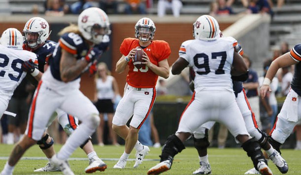 Apr 13, 2019; Auburn, AL, USA; Auburn Tigers quarterback Bo Nix (10) looks for a receiver during second quarter of the A-Day game at Jordan-Hare Stadium. Photo Credit: John Reed-USA TODAY Sports