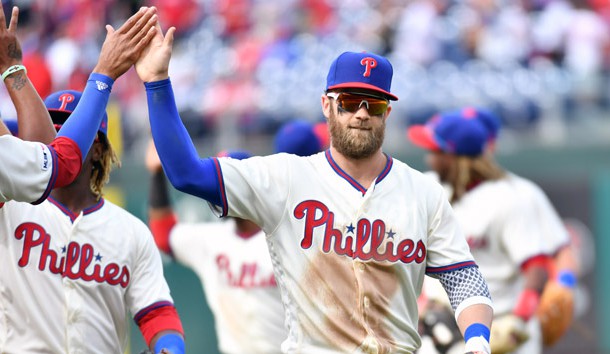 Apr 7, 2019; Philadelphia, PA, USA; Philadelphia Phillies right fielder Bryce Harper (3) celebrates win against the Minnesota Twins at Citizens Bank Park. Photo Credit: Eric Hartline-USA TODAY Sports