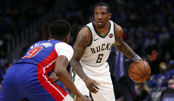 Apr 20, 2019; Detroit, MI, USA; Milwaukee Bucks guard Eric Bledsoe (6) gets defended by Detroit Pistons guard Langston Galloway (9) during the fourth quarter at Little Caesars Arena. Photo Credit: Raj Mehta-USA TODAY Sports