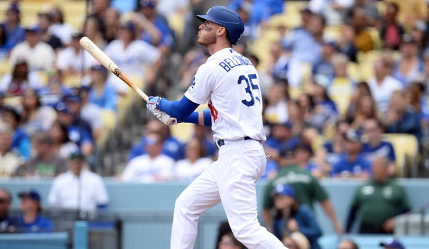 April 28, 2019; Los Angeles, CA, USA; Los Angeles Dodgers first baseman Cody Bellinger (35) hits a sacrifice RBI against the Pittsburgh Pirates during the first inning at Dodger Stadium. Photo Credit: Gary A. Vasquez-USA TODAY Sports