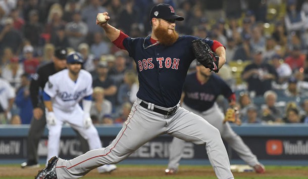 Oct 27, 2018; Los Angeles, CA, USA; Boston Red Sox pitcher Craig Kimbrel throws a pitch against the Los Angeles Dodgers in the ninth inning in game four of the 2018 World Series at Dodger Stadium. Photo Credit: Jayne Kamin-Oncea-USA TODAY Sports