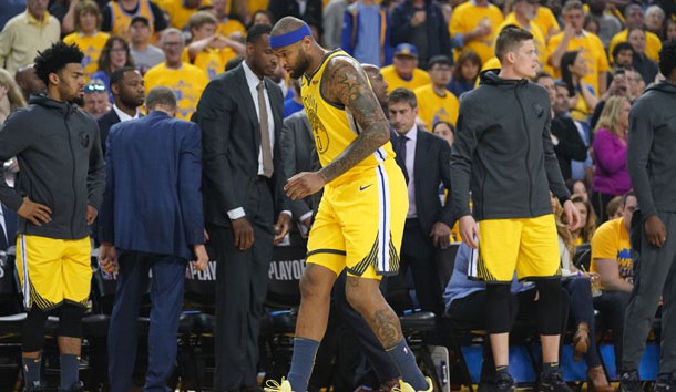 April 15, 2019; Oakland, CA, USA; Golden State Warriors center DeMarcus Cousins (0) walks off the court after an injury against the LA Clippers during the first quarter in game two of the first round of the 2019 NBA Playoffs at Oracle Arena. Photo Credit: Kyle Terada-USA TODAY Sports