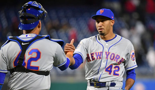 Apr 15, 2019; Philadelphia, PA, USA; New York Mets catcher Wilson Ramos, left and relief pitcher Edwin Diaz  celebrate win in eleven innings against the Philadelphia Phillies at Citizens Bank Park. Photo Credit: Eric Hartline-USA TODAY Sports