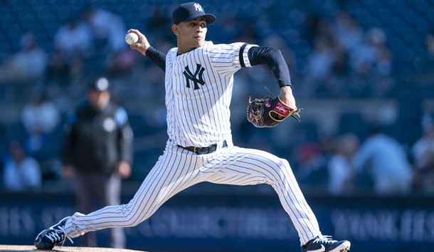 Apr 3, 2019; Bronx, NY, USA; New York Yankees pitcher Jonathan Loaisiga delivers a pitch during the first inning against the Detroit Tigers at Yankee Stadium. Photo Credit: Gregory J. Fisher-USA TODAY Sports
