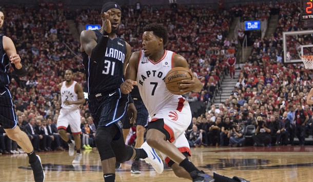 Apr 16, 2019; Toronto, Ontario, CAN; Toronto Raptors guard Kyle Lowry (7) controls a ball as Orlando Magic guard Terrence Ross (31) tries to defend in game two of the first round of the 2019 NBA Playoffs during the third quarter at Scotiabank Arena. Photo Credit: Nick Turchiaro-USA TODAY Sports