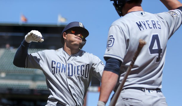 Apr 10, 2019; San Francisco, CA, USA; San Diego Padres shortstop Manny Machado (13) celebrates with right fielder Wil Myers (4) after hitting a one run home run during the sixth inning against the San Francisco Giants at Oracle Park. Photo Credit: Sergio Estrada-USA TODAY Sports