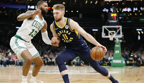 Apr 17, 2019; Boston, MA, USA; Indiana Pacers center Domantas Sabonis (11) drives against Boston Celtics forward Marcus Morris (13) during the first half in game two of the first round of the 2019 NBA Playoffs at TD Garden. Photo Credit: Greg M. Cooper-USA TODAY Sports