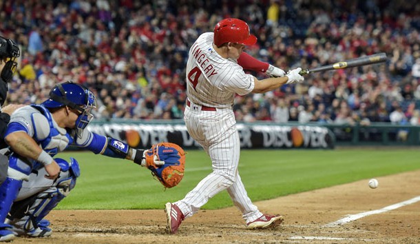 Apr 16, 2019; Philadelphia, PA, USA; Philadelphia Phillies second baseman Scott Kingery (4) hits a two-run double during the sixth inning of the game against the New York Mets at Citizens Bank Park. The Phillies won 14-3. Photo Credit: John Geliebter-USA TODAY Sports
