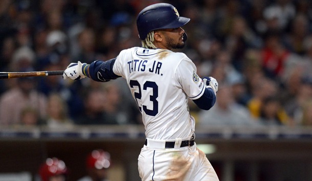 Apr 18, 2019; San Diego, CA, USA; San Diego Padres shortstop Fernando Tatis Jr. (23) singles in the sixth inning against the Cincinnati Reds at Petco Park. Photo Credit: Jake Roth-USA TODAY Sports
