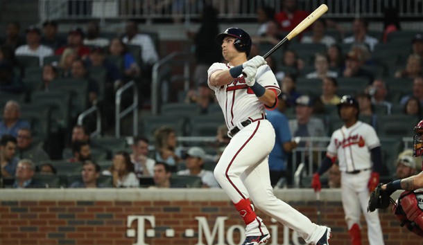 May 15, 2019; Atlanta, GA, USA; Atlanta Braves left fielder Austin Riley (27) hits a solo home run in the fourth inning against the St. Louis Cardinals at SunTrust Park. Photo Credit: Jason Getz-USA TODAY Sports